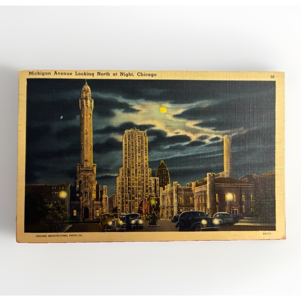 Night Scene Michigan Blvd. Chicago Illinois Vintage Unposted Linen Postcard